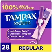Tampons tampax radiant avec tresse anti-fuites leakguard et applicateur en plastique sans bpa. degré dabsorption régulier. non parfumés 28 tampons