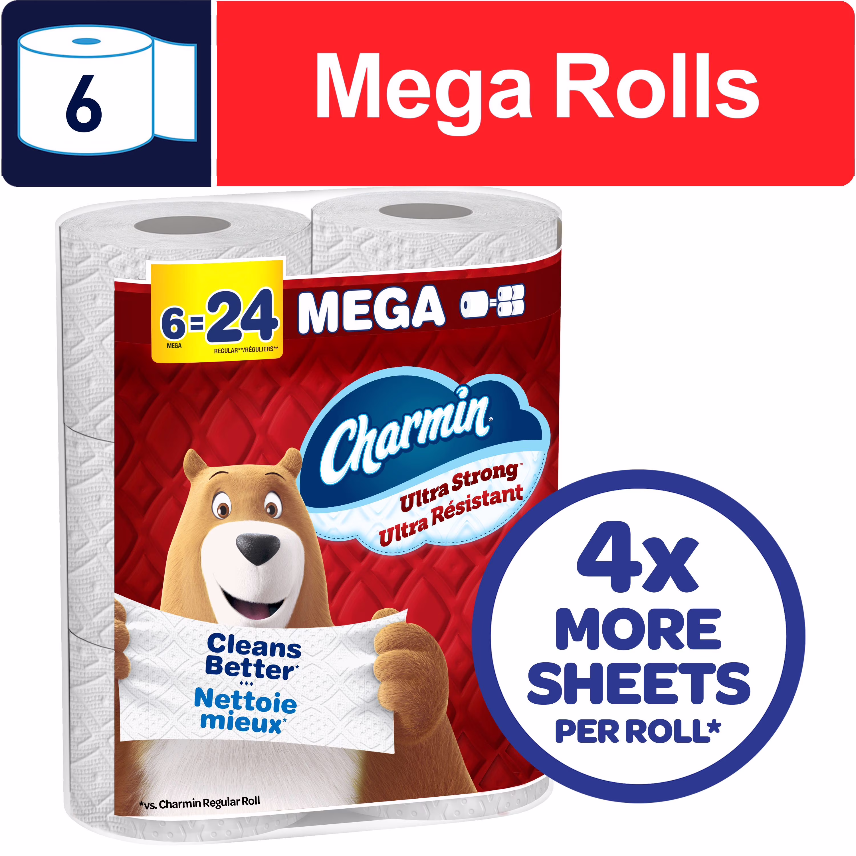 Papier hygiénique charmin ultra résistant. 6 rouleaux méga  24 rouleaux réguliers. papier toilette à 2 épaisseurs