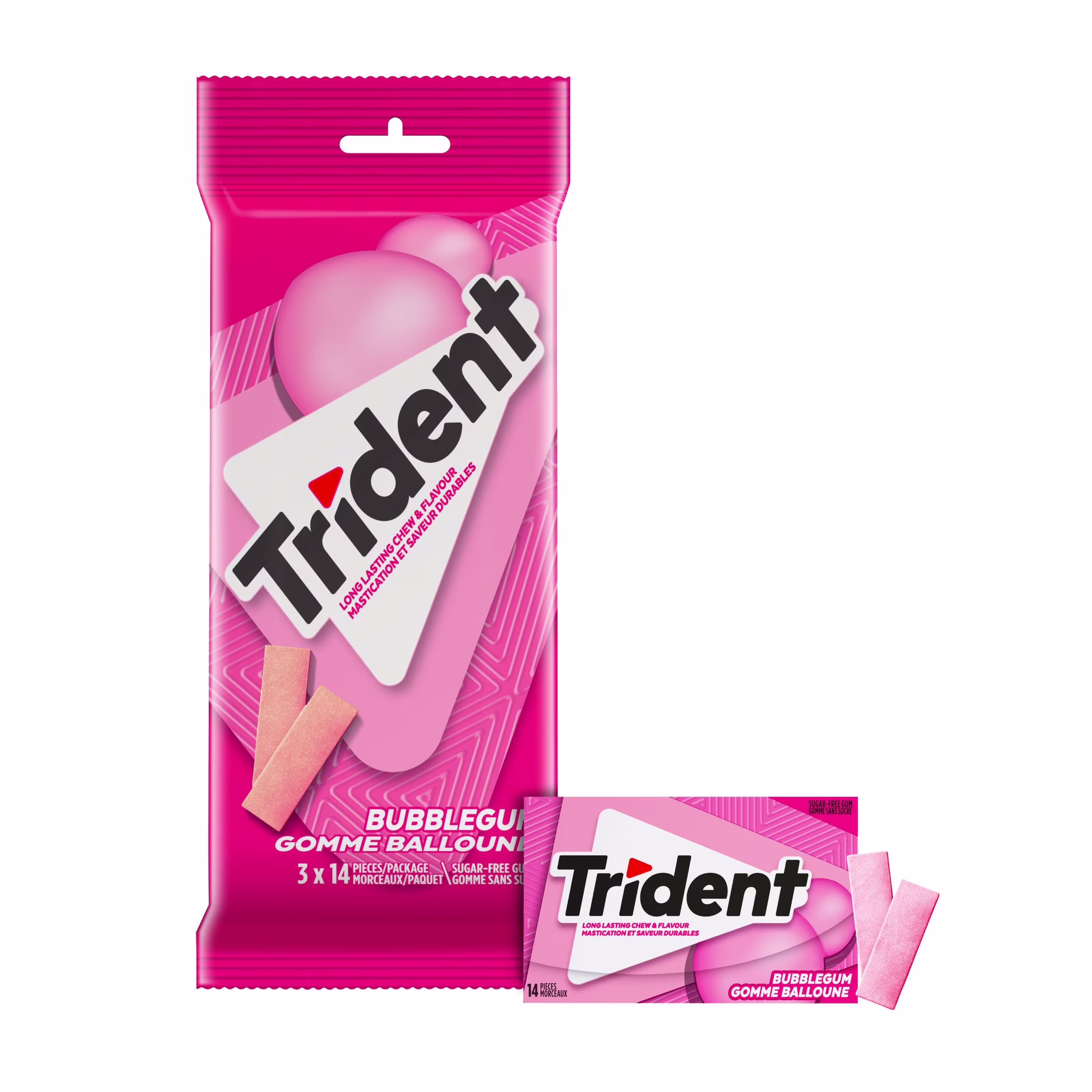 Trident. multipaquet de gomme balloune sans sucre- paquet de 3 (42 morceaux) 3 paq (14 pcs ea). 42ct