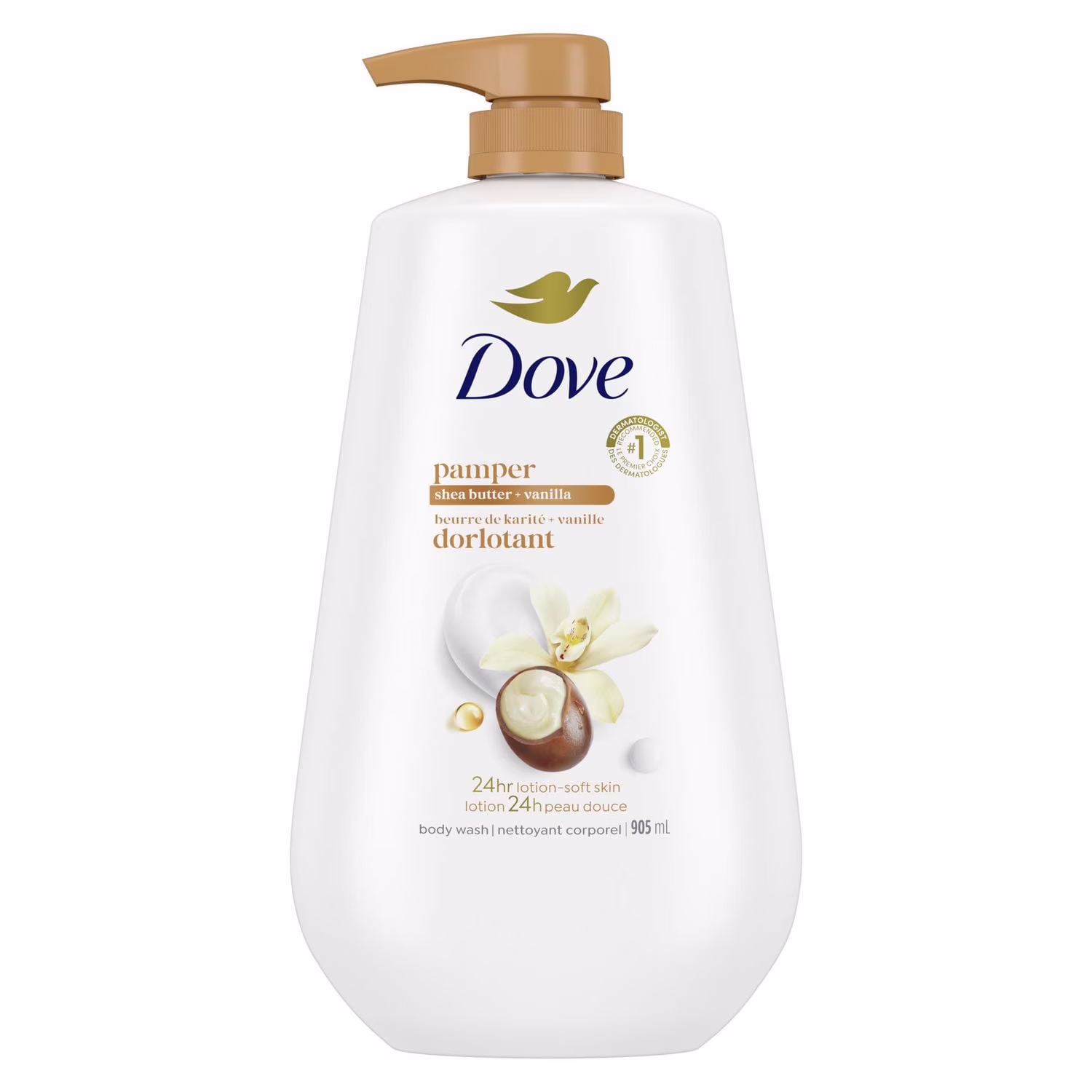 Dove nettoyant corporel beurre de karité + vanille dorlotant hydratant.