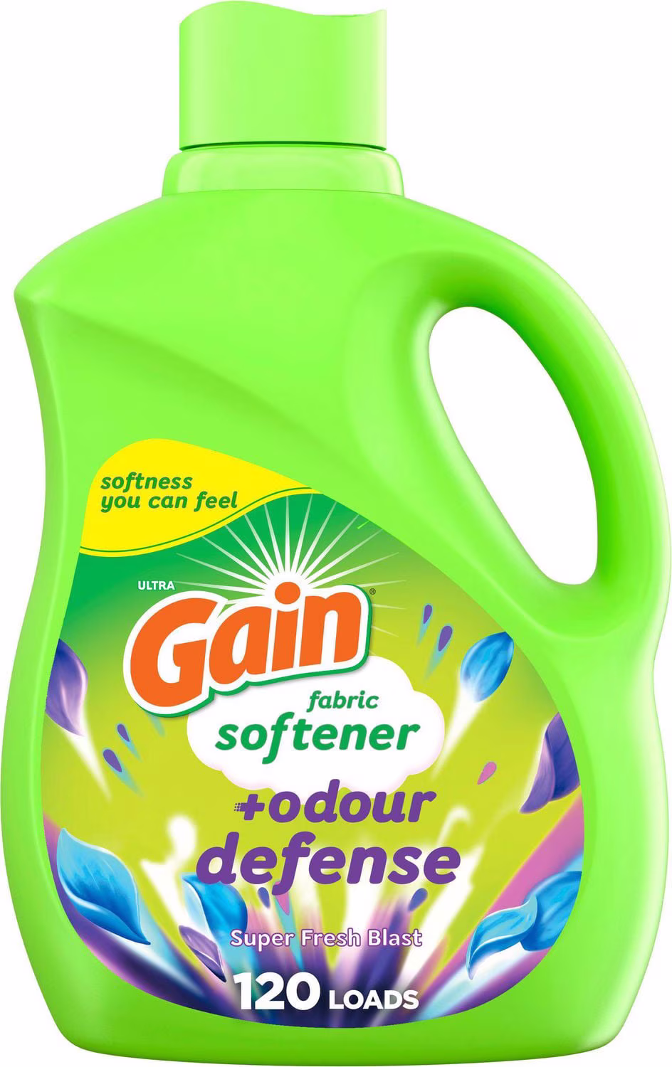 Gain assouplisseur textile liquide défense contre les odeurs. parfum super fresh blast. 2 en 1 fraîcheur plus protection contre les odeurs. 120wl