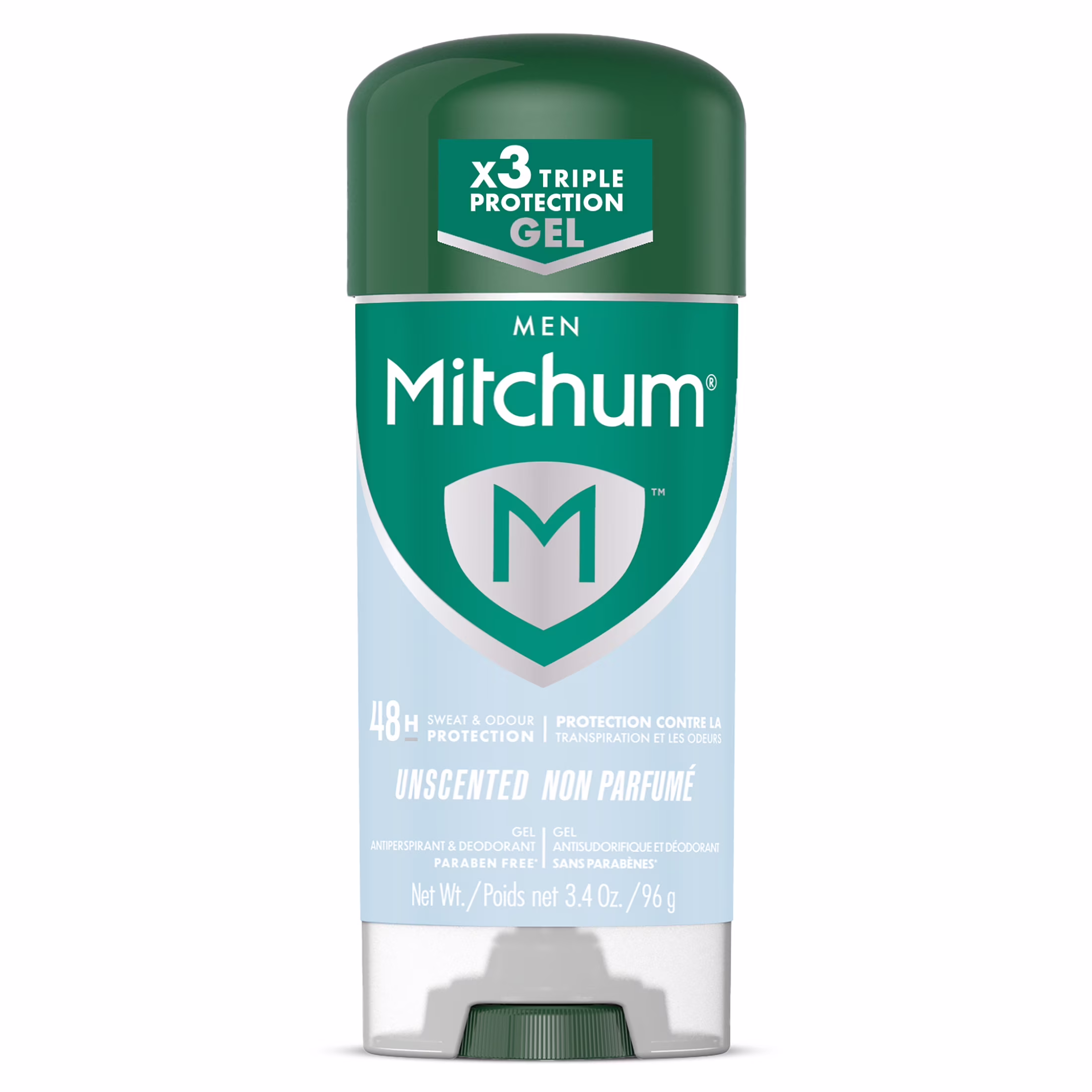 Gel antisudorifique et désodorisant mitchum homme. protection de 48 heures contre les odeurs. non parfumé.