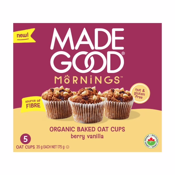 Madegood mornings coupes d'avoine bio cuites au four bais et vanille 5 coupes mg berry vanilla oat cups