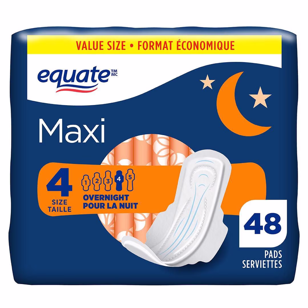 Serviettes maxi equate à absorbantes de nuit. avec flexi-wings. taille& 4. 48& unités 48 serviettes maxi. taille 4. sans parfum. avec flexi-wings