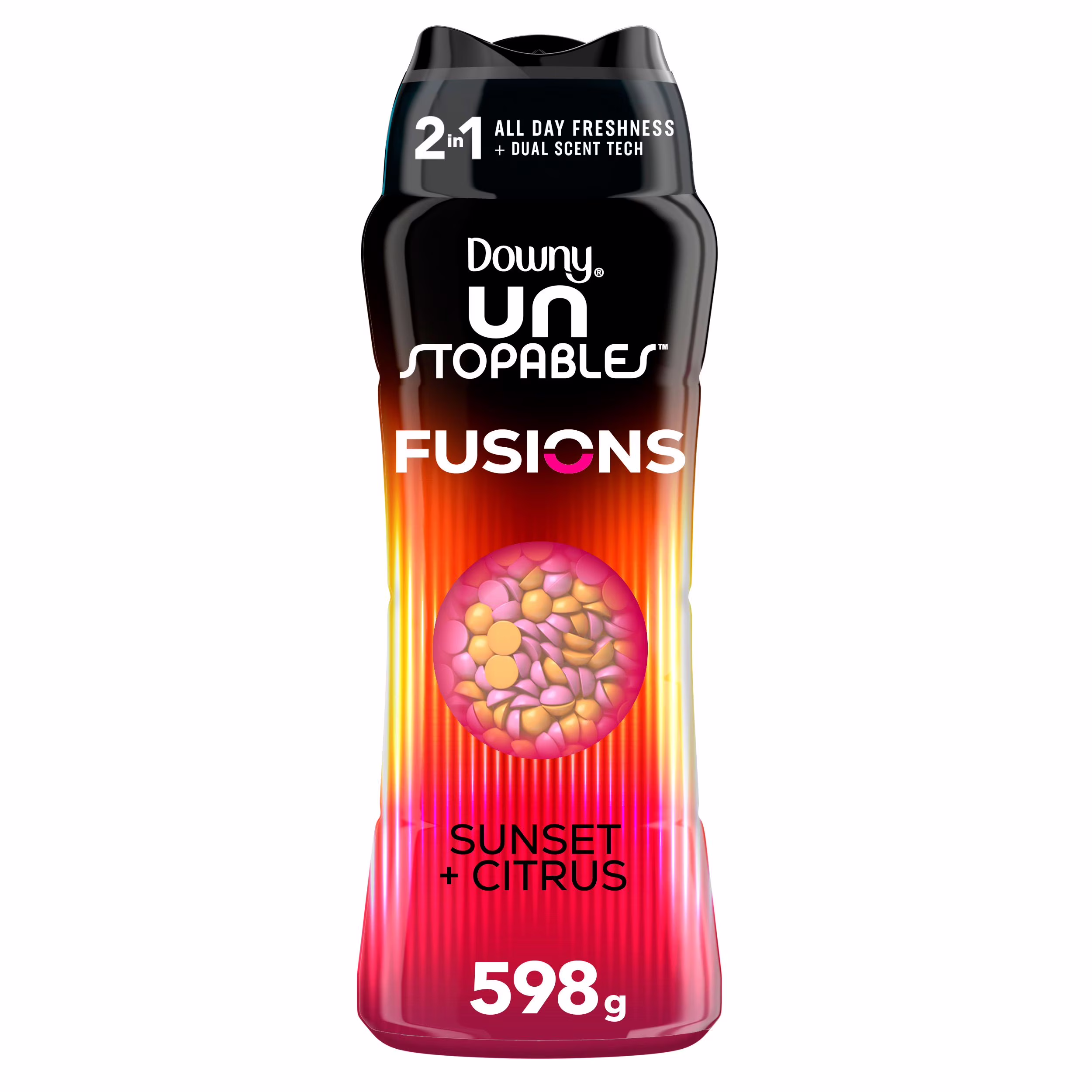 Perles rehausse-parfum pour la lessive downy unstopables fusions. parfum crépuscule et agrumes. fraîcheur 2 en 1 toute la journée. technologie à double parfum.