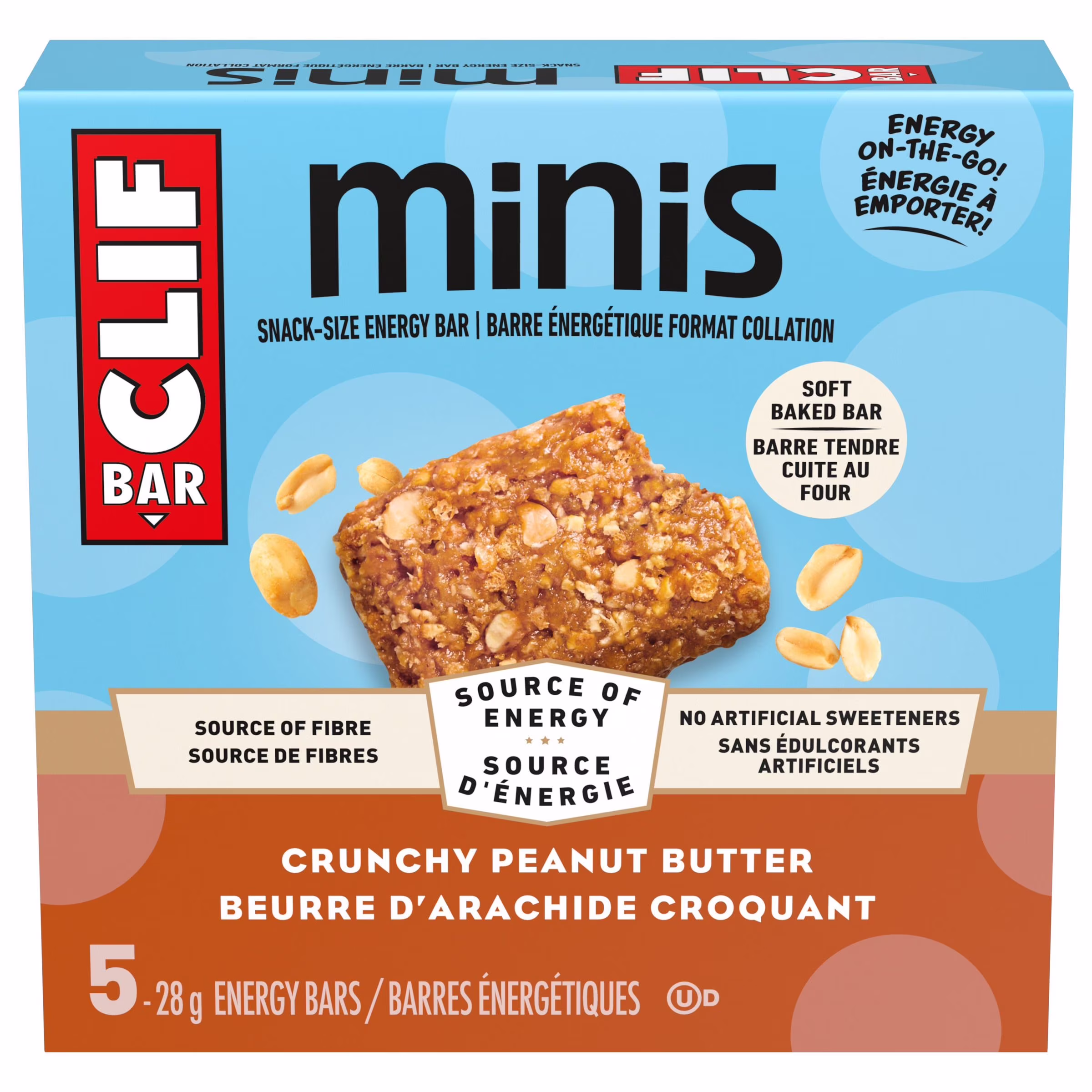Clif bar minis. barre énergétique format collation. beurre d'arachide croquant. source de fibres. sans édulcorants artificiels. contient 70 % d'ingrédients biologiques  (paquet de 5 barres)