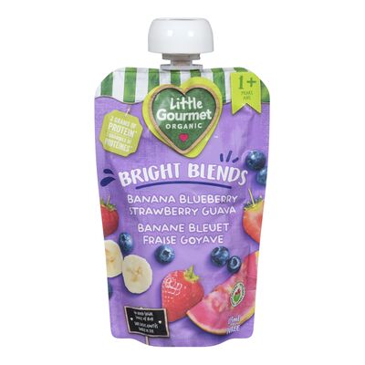 Purée à la banane, bleuets, fraises et goyave biologique