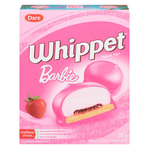 Dare whippet barbie. un cœur de guimauve moelleux. une base de biscuit moelleuse et un enrobage de véritable chocolat. whippet barbie
