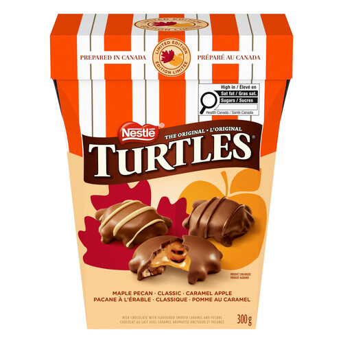 Turtles coffret-cadeau turtles. caramel onctueux et pacanes croquantes nappés de riche chocolat. 3& variétés& & classique. pomme caramel et érable et pacanes. préparé au canada