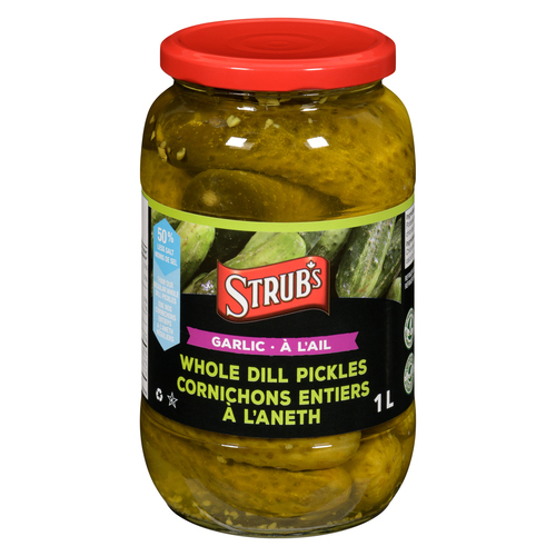 Strub's Cornichons entiers à l'aneth ail 50 % moins de sel 1 L