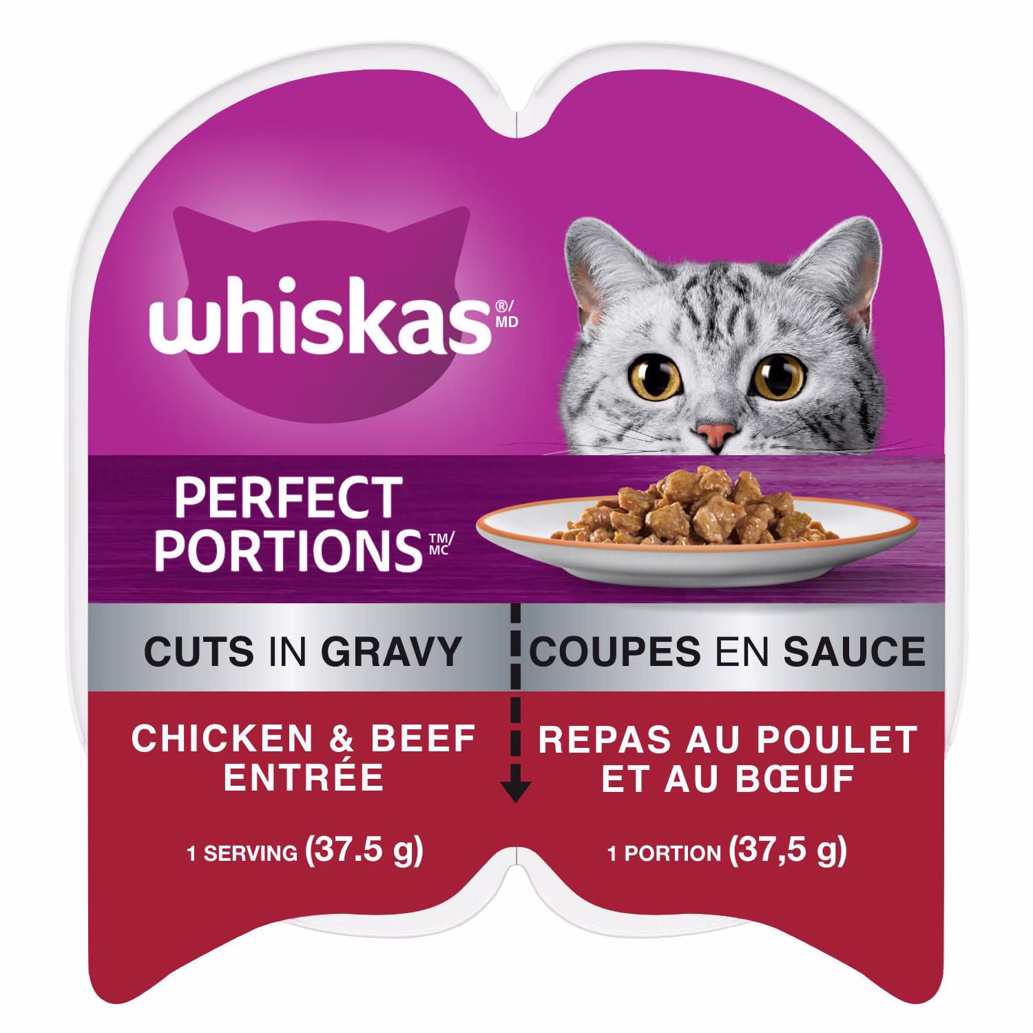 Repas au poulet et au bœuf whiskas perfect portions coupes en sauce