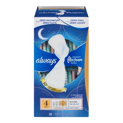 Serviettes féminines always infini pour femmes. serviettes avec ailes flexfoam. taille4. degré dabsorption de nuit. non parfumées. 26serviettes