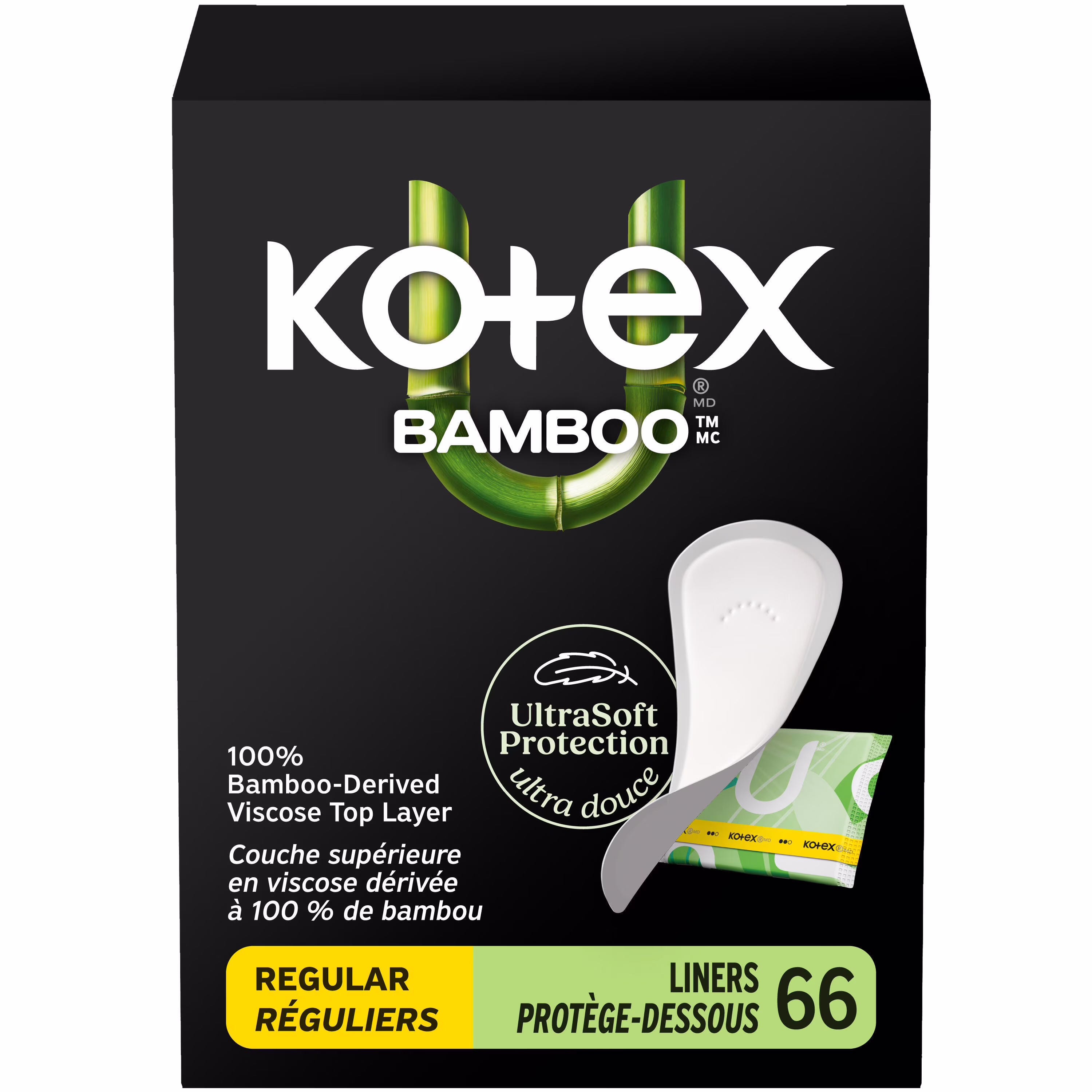 Protège-dessous emballés kotex bamboo. absorption légère. longueur régulière. 66unités