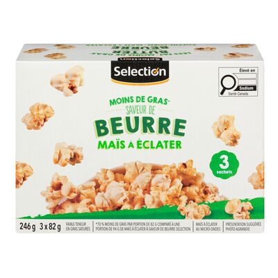 Maïs à éclater au micro-ondes à la saveur de beurre avec faible teneur en gras