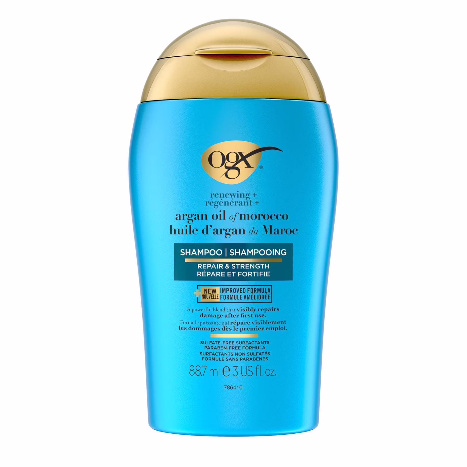 Ogx shampooing régénérant + huile d'argan du maroc. shampooing réparateur des dommages & huile d'argan pour nettoyer & aider à fortifier & réparer les cheveux abîmés. format de voyage. conforme à la tsa