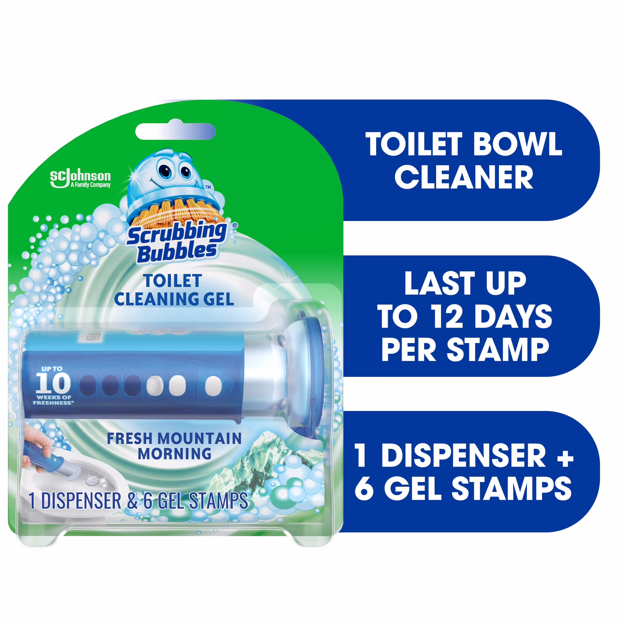 Scrubbing bubbles gel nettoyant pour cuvette. parfum matin de montagne. distributeur et 6 tampons de gel
