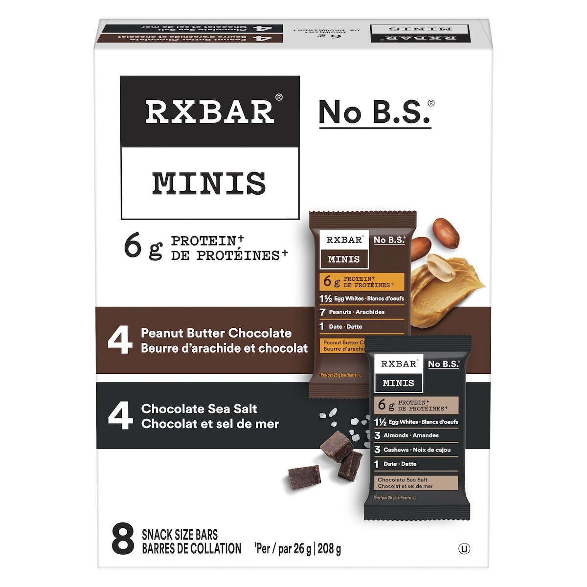 Minis barres de collation, 4barres protéinées chocolat et sel de mer et 4barres beurre darachide et chocolat