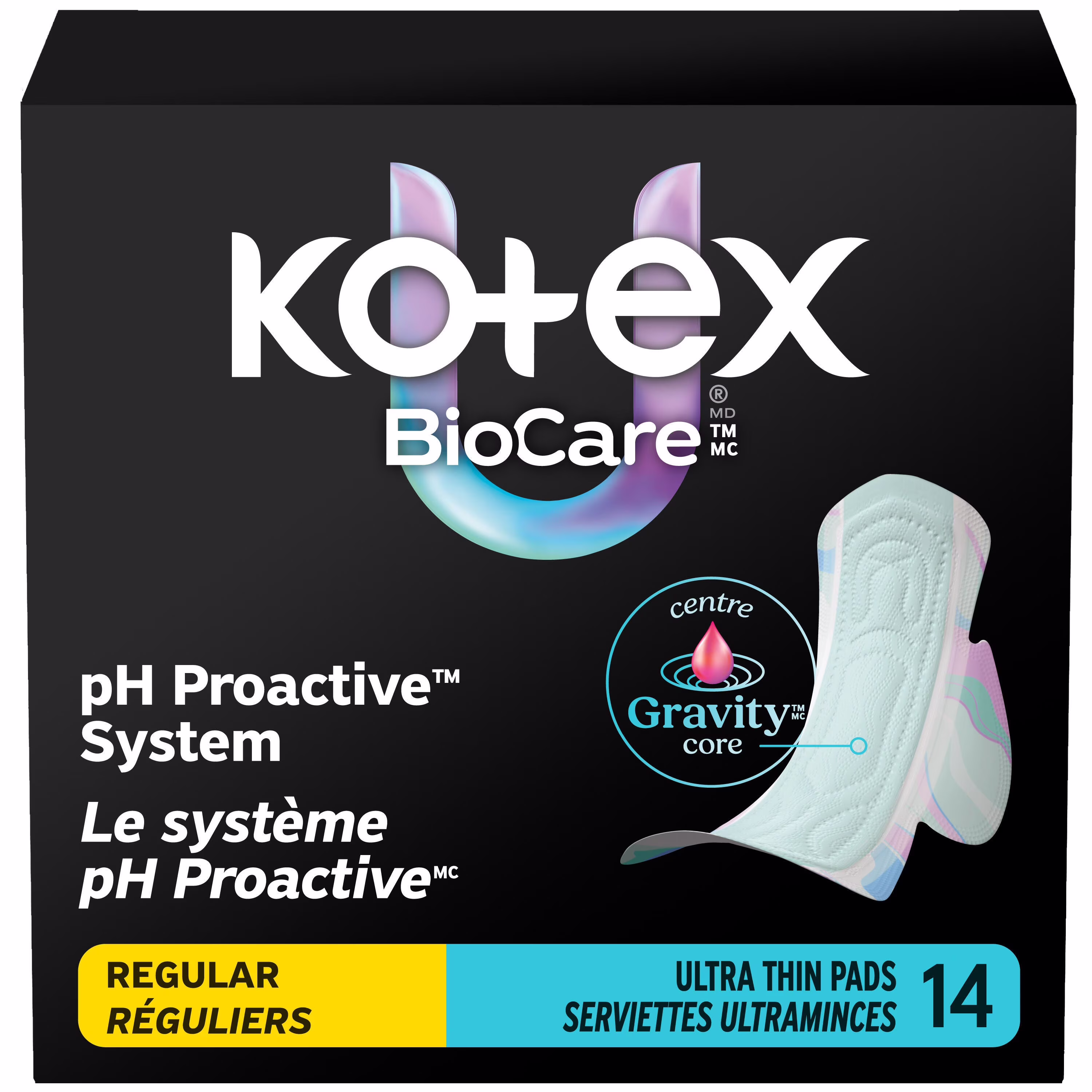 Serviettes ultraminces kotex biocare avec ailes. absorption régulière. 14unités