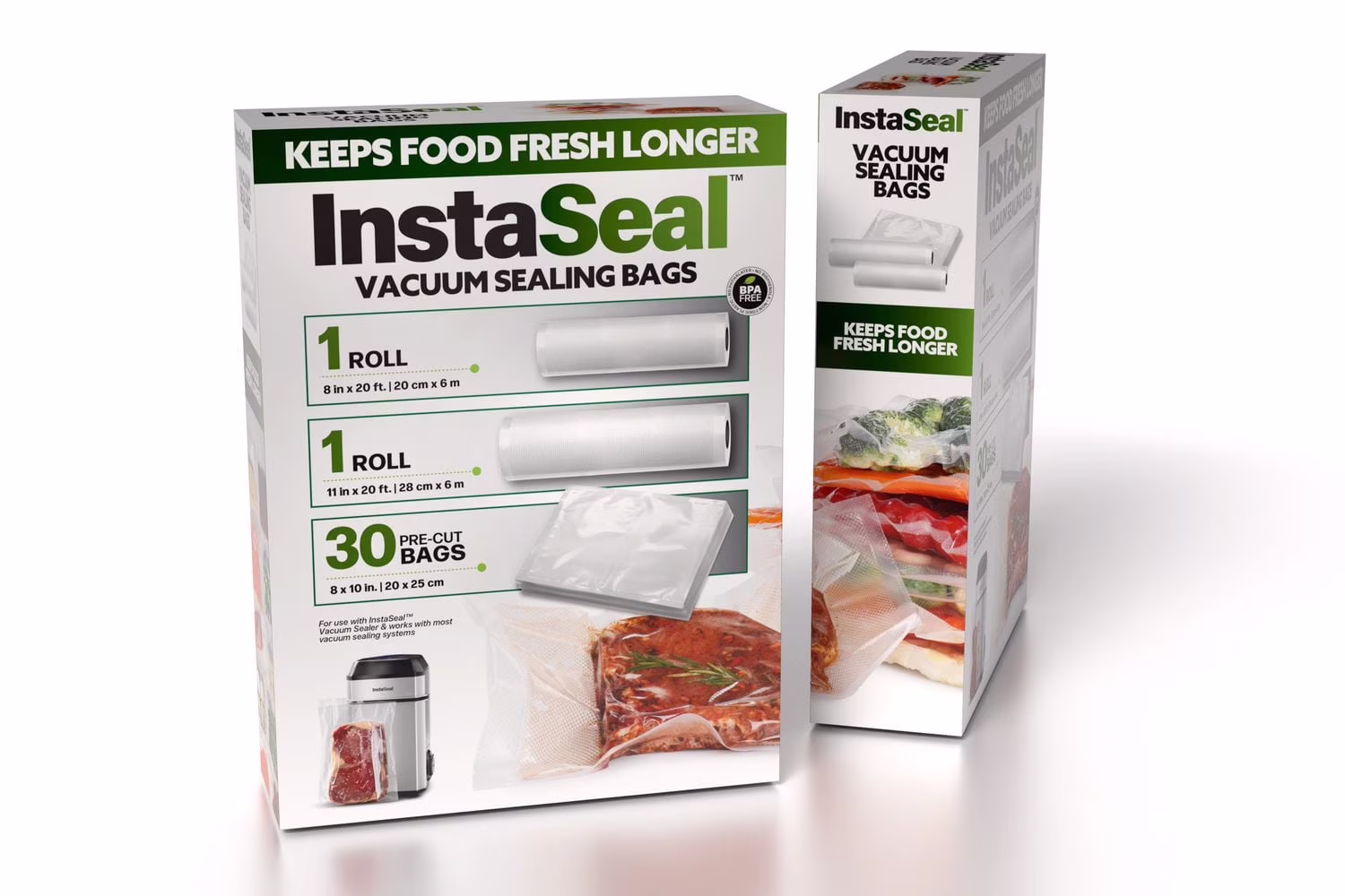Instaseal transparent sans bpa 2 rouleaux et 30 sacs sous vide pré coupés pa+pe rangement alimentaire sécuritaire pour congélateur instaseal vacuum bags