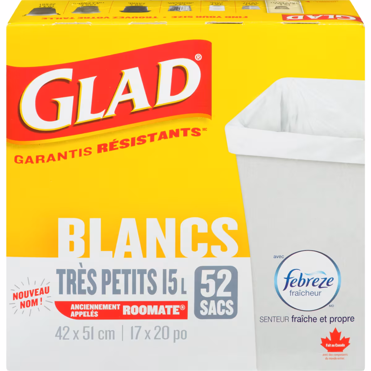 Très petits sacs à ordures blancs avec senteur fraîche et propre de Febreze fraîcheur, sacs à ordures de 15 L