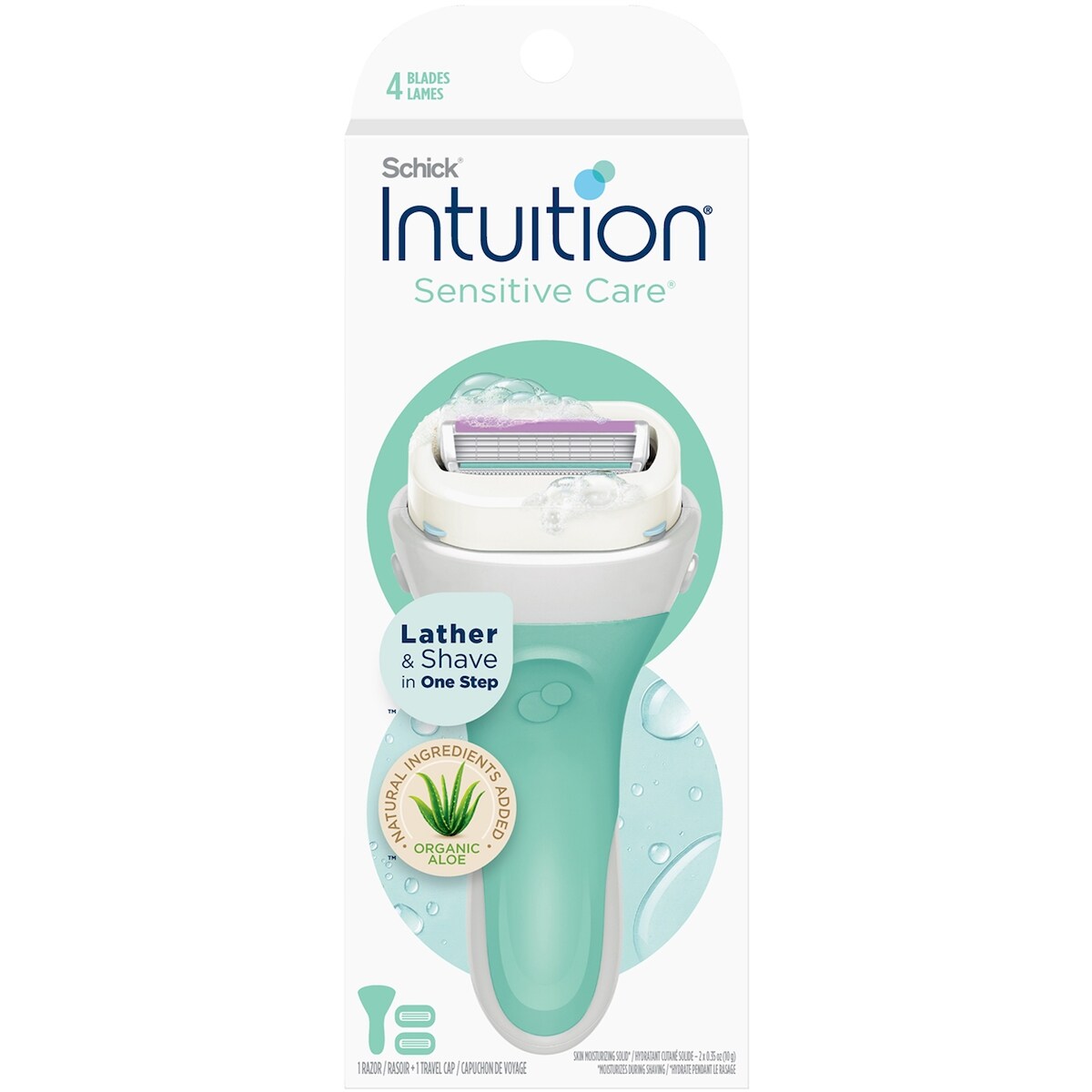 Rasoir pour femmes Schick Intuition Naturals Sensitive Care avec vitamine E et aloès, 1 manche et 2 cartouches