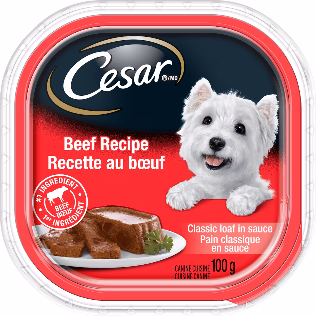 Nourriture humide pour chiens  pain classique en sauce recette au bœuf, barquette