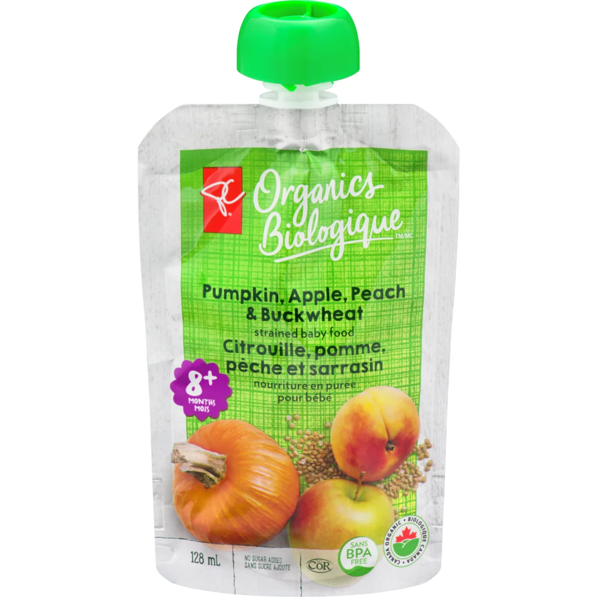 Nourriture en purée pour bébés pomme pêche citrouille et sarrasin