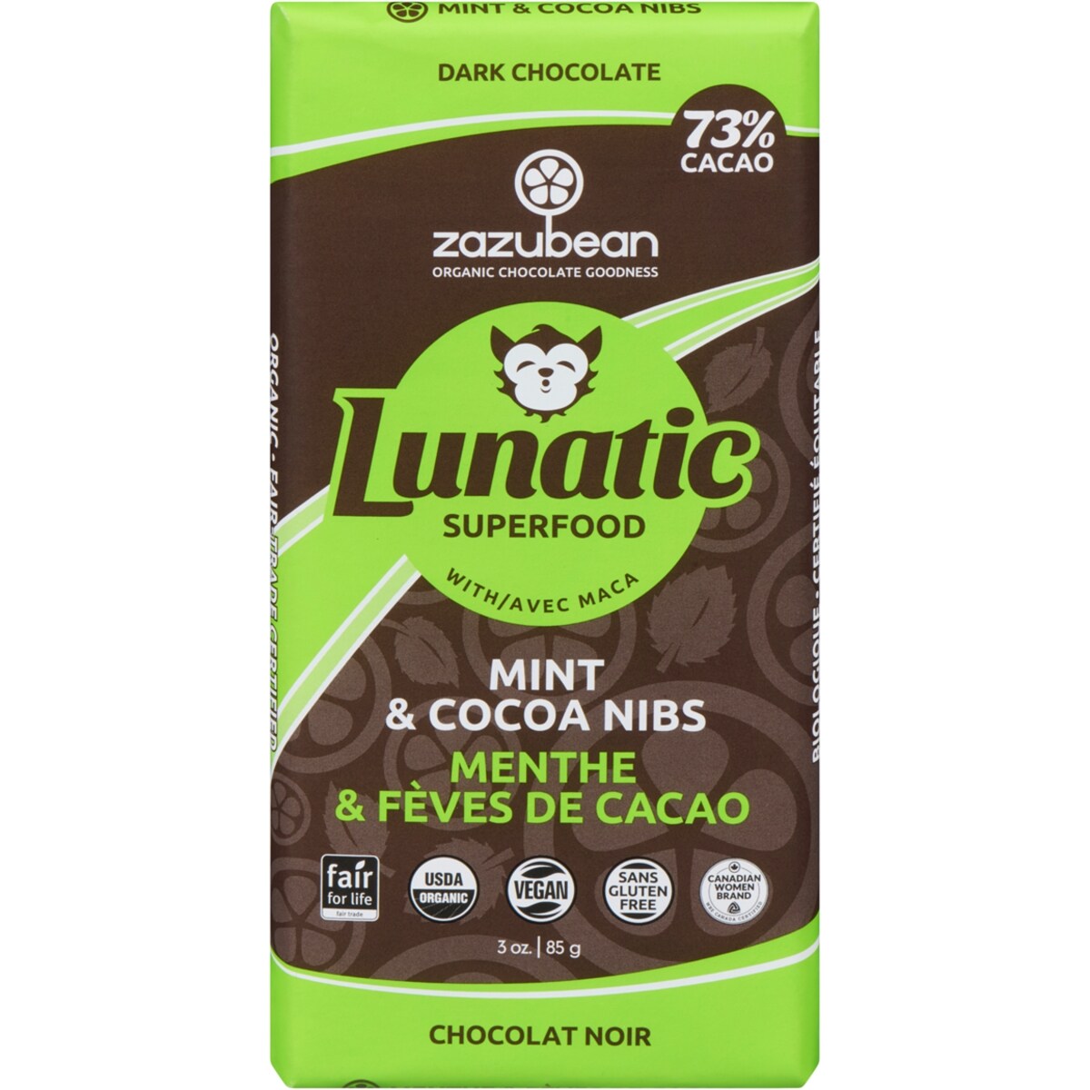 Tablette de chocolat biologique menthe et fèves de cacao Lunatic