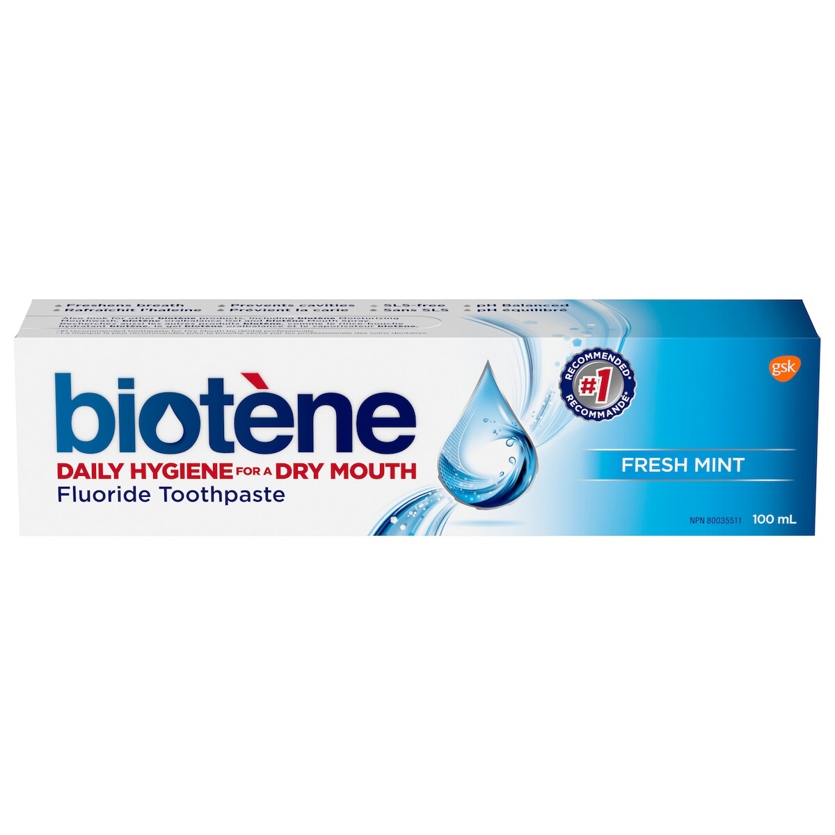 Dentifrice au fluorure pour les personnes ayant la bouche sèche, à saveur de menthe fraîche
