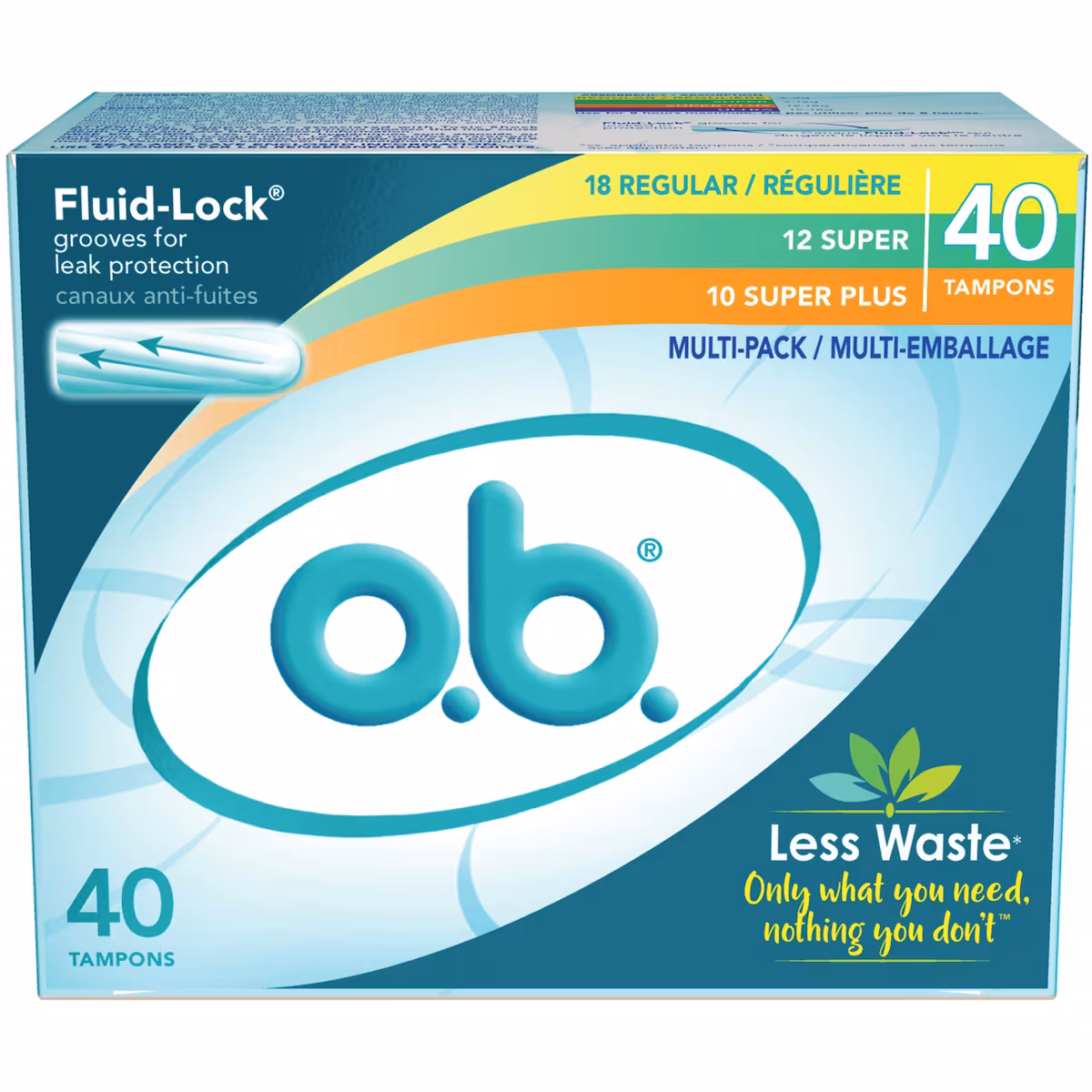 Multi-emballage de tampons o.b. originaux sans applicateur à absorptivité régulière, super et super plus, 40u