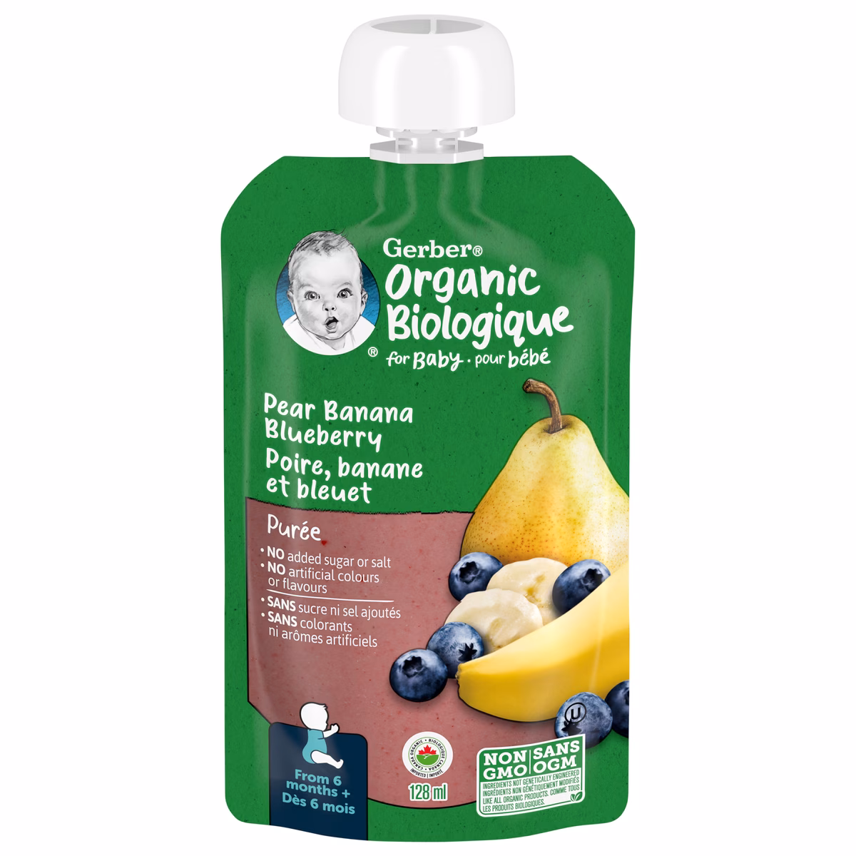 Purée Biologique Poire Banane Bleuet, aliment pour bébé 128 ml Pouch