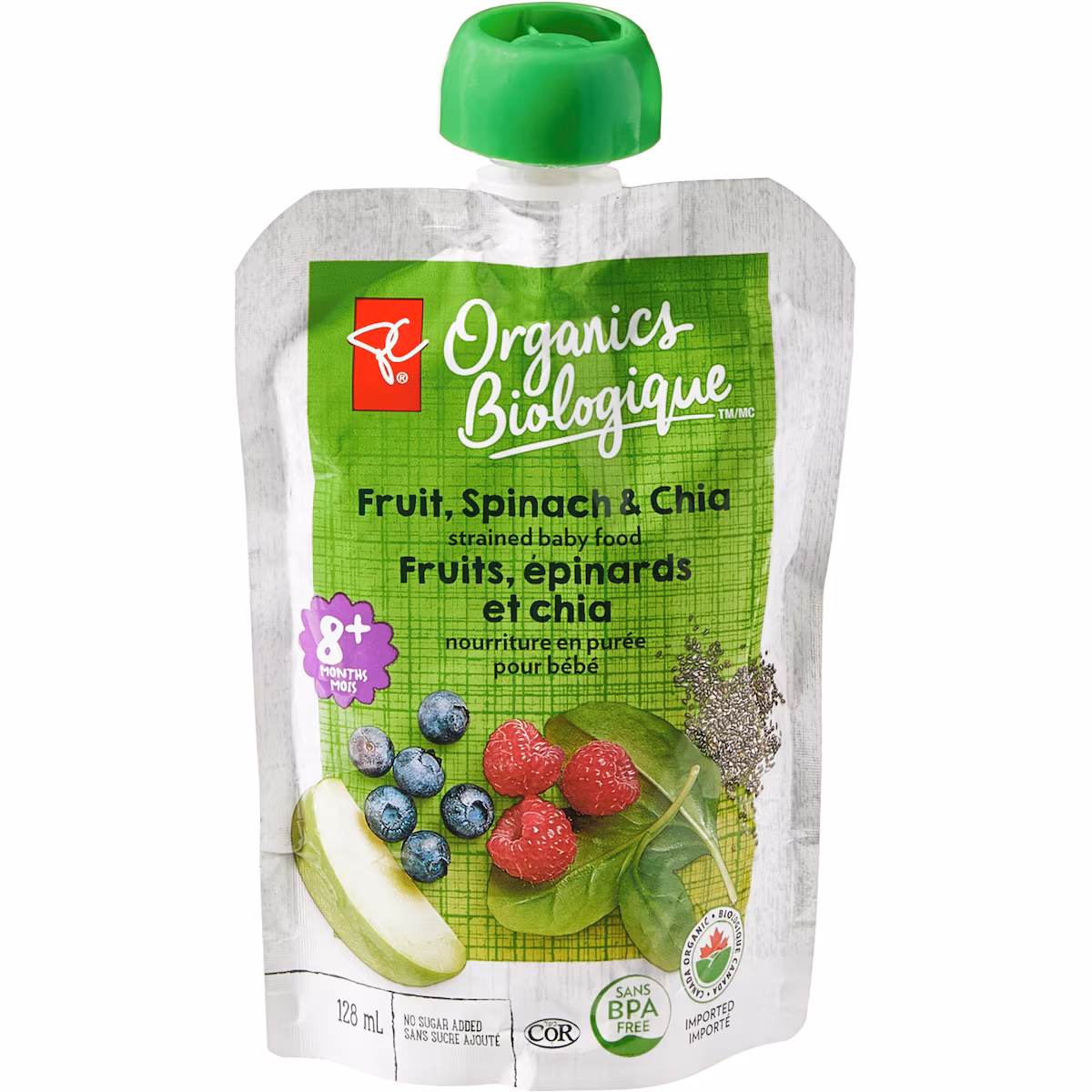 Nourriture en purée pour bébés fruits, épinards et chia