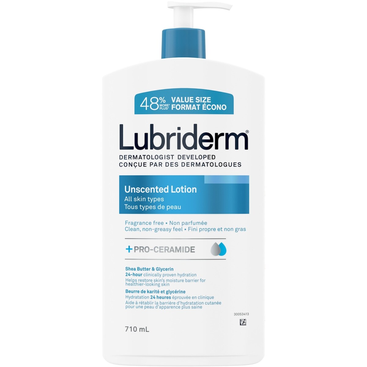 LubridermUnscented Lotion Peau Normale ou Sèche Sans Parfum Écono Format 710 ml
