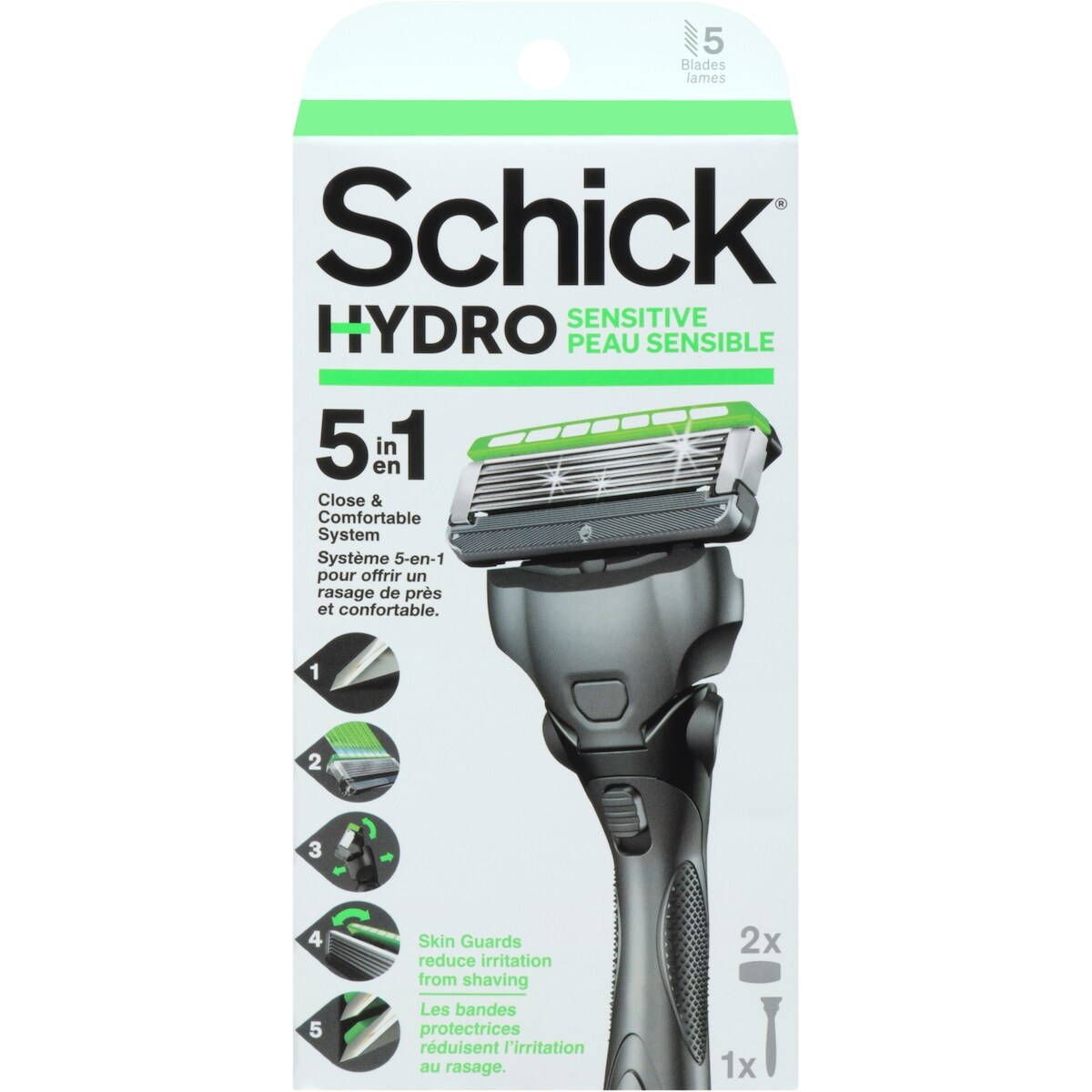 Emballage de 1 rasoir et de 2 cartouches de lames pour hommes Hydro pour peau sensible