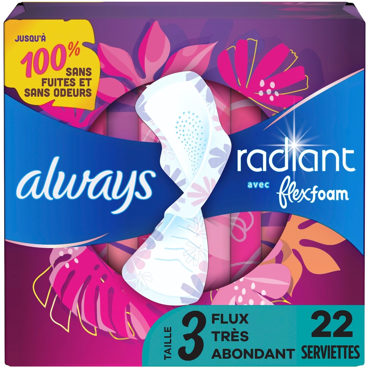 Serviettes Radiant, flux abondant, avec ailes, pour femmes, taille 3, parfum net et léger, 22 serviettes