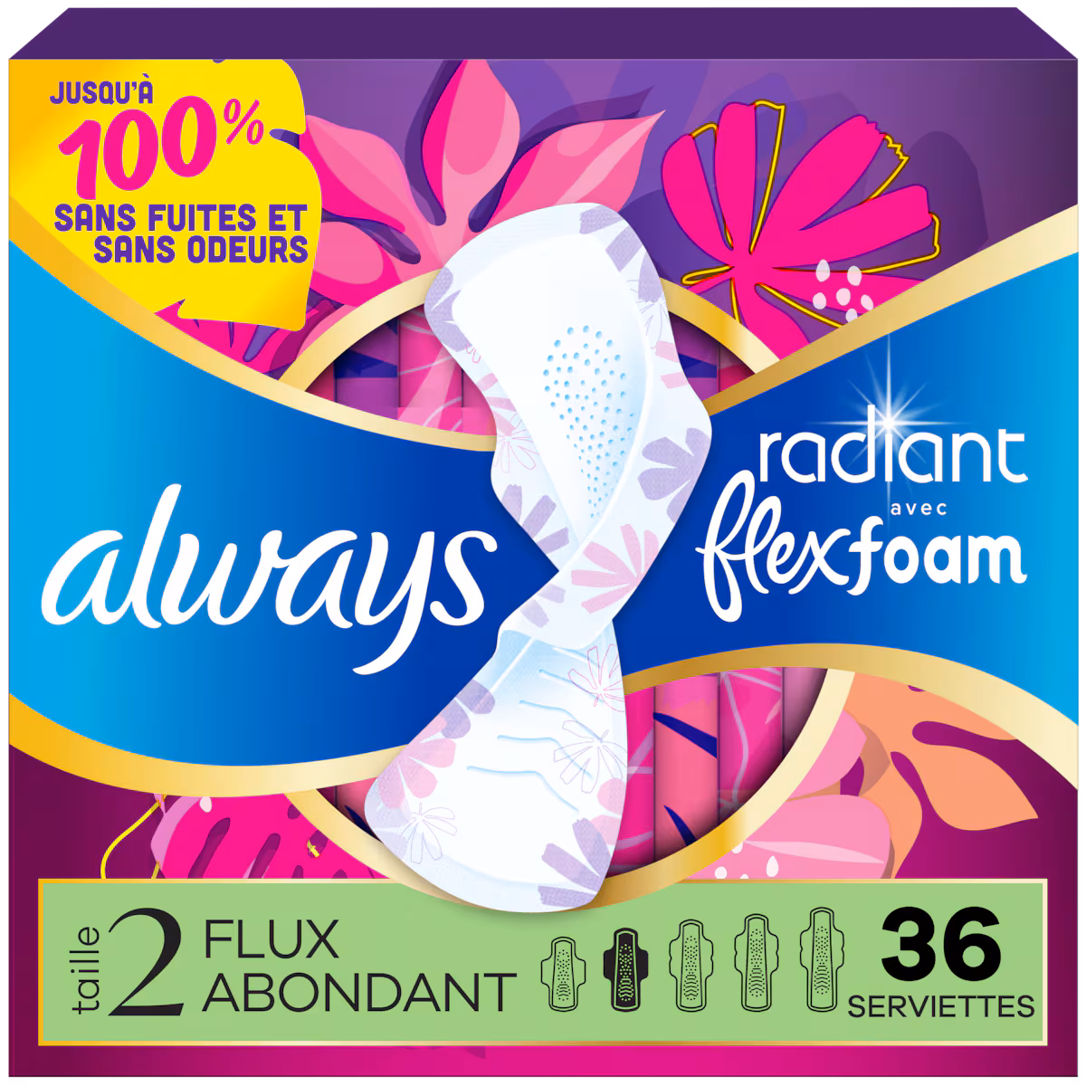 Serviettes Radiant, flux abondant, avec ailes, pour femmes, taille 2, parfum net et léger, 36 serviettes