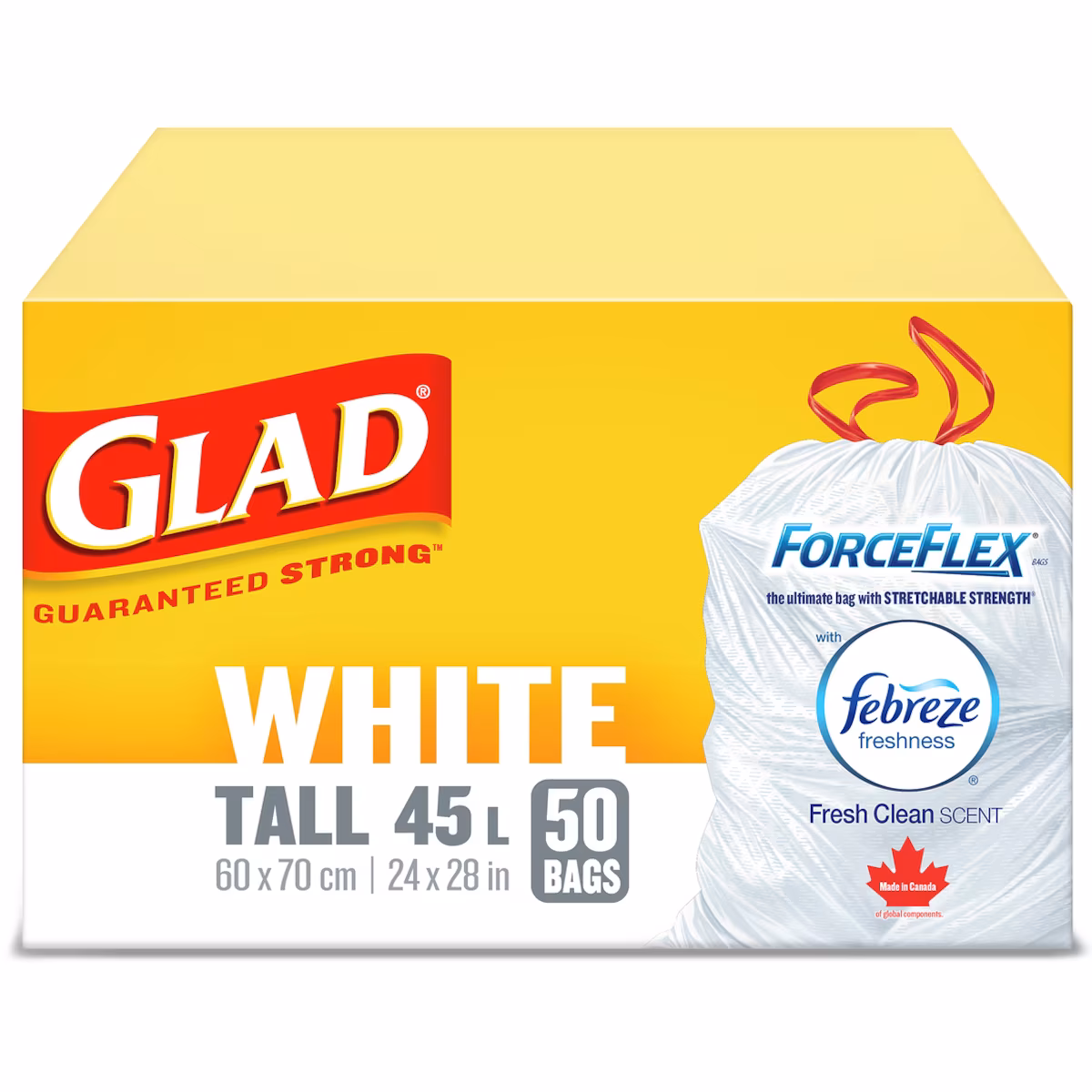 Sacs à ordures blancs longs ForceFlex à cordon coulissant avec senteur fraîche et propre de Febreze fraîcheur, sacs à ordures de 45 L