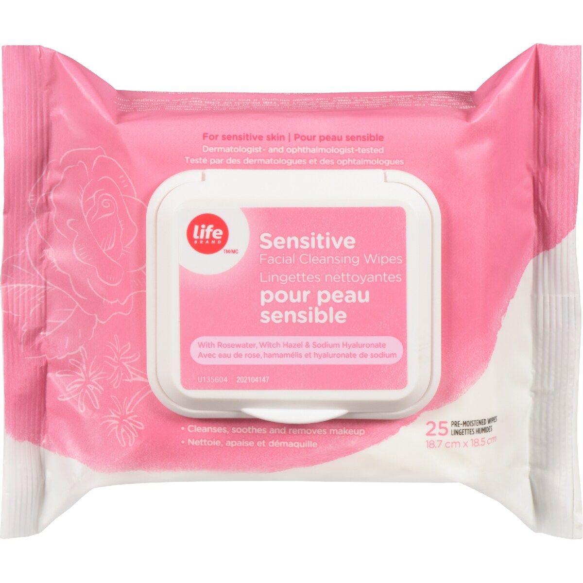 Lingettes nettoyantes pour le visage peau sensible, eau de rose, hamamélis et hyaluronate de sodium