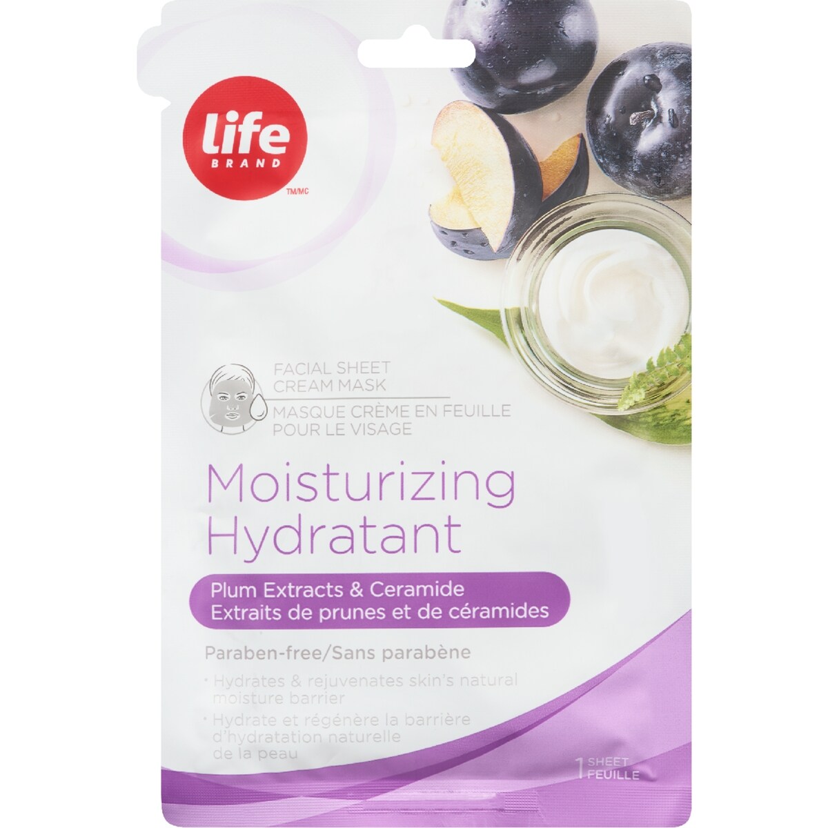 Masque en feuille hydratant pour le visage, extraits de prune et céramide