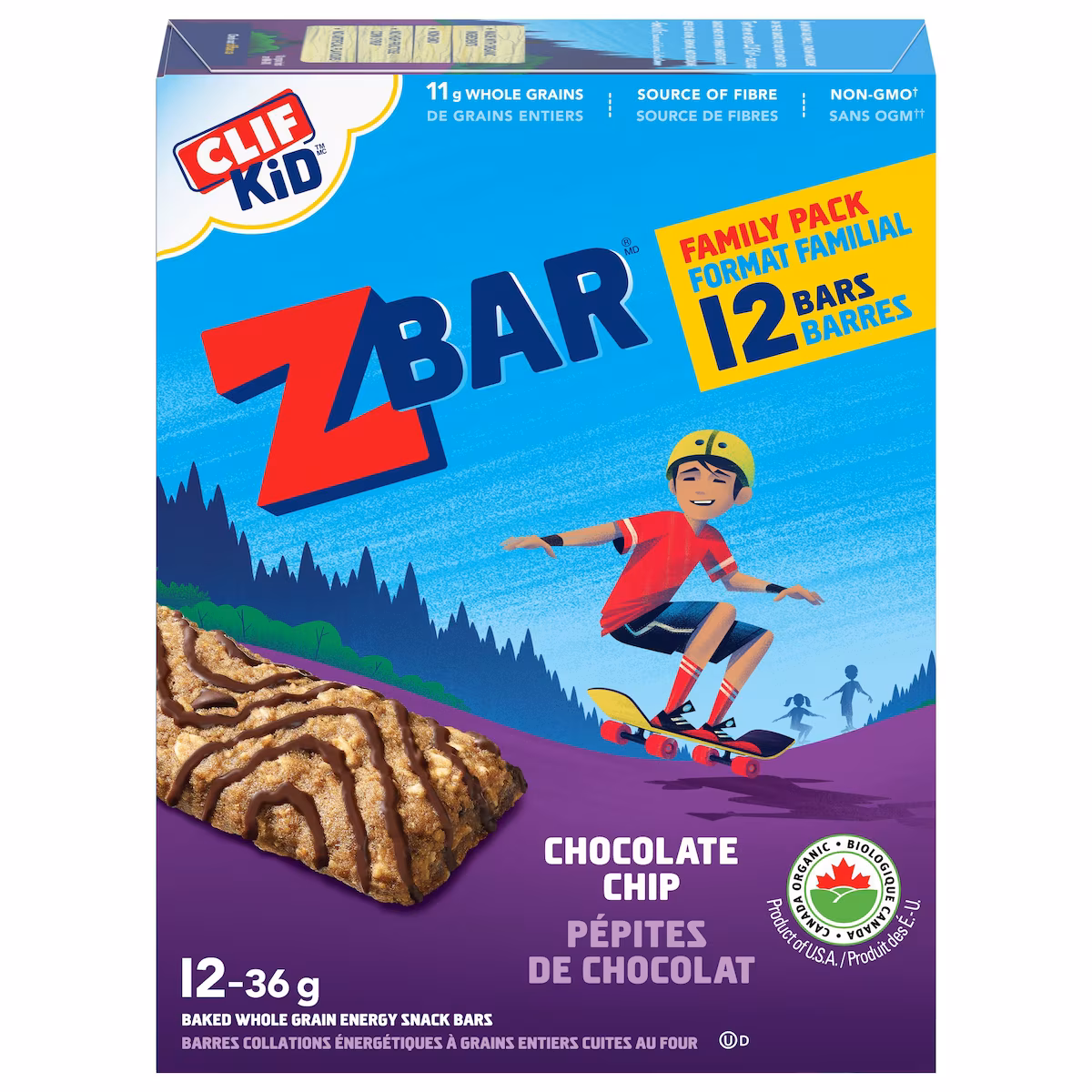 Zbar Pépites de chocolat format familial collations energétiques à grains entiers cuites au four, 12 barres