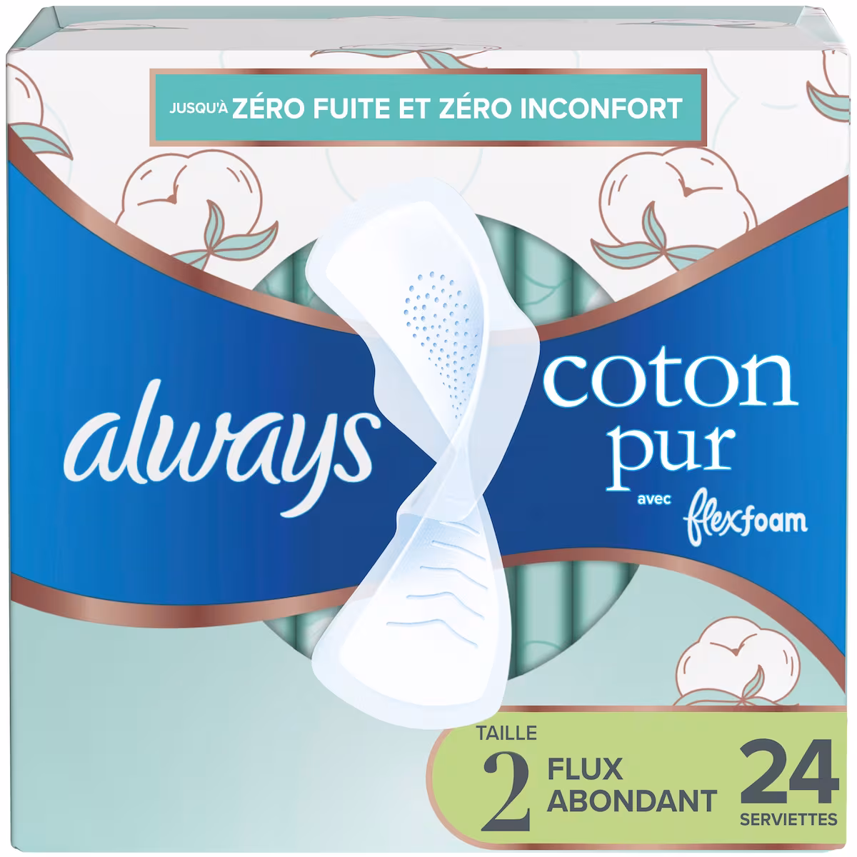 Serviettes Pur coton, flux abondant, avec ailes, pour femmes, taille 2, non parfumées, 24 serviettes