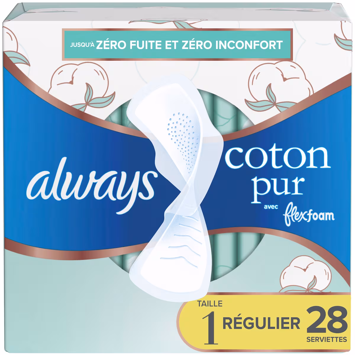 Serviettes Pure Cotton, flux régulier, avec ailes, pour femmes, taille 1, non parfumées, 28 serviettes