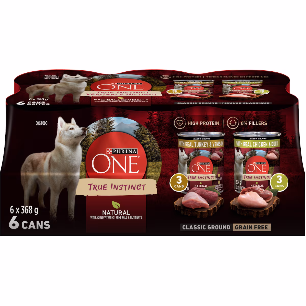 ONE Véritable Instinct Moulue Classique Emballage Assorti Dinde, Venaison, Poulet et Canard, Nourriture Humide pour Chiens 6 x 368 g