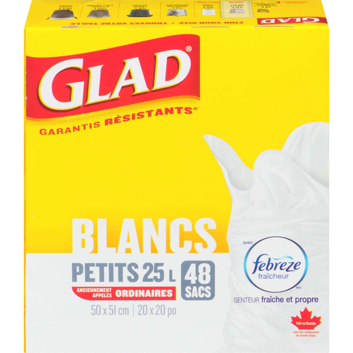 Petits sacs à ordures blancs avec senteur fraîche et propre de Febreze fraîcheur, sacs à ordures de 25 L