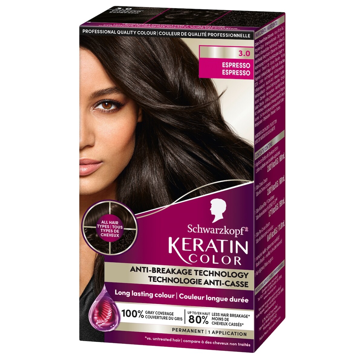 Keratin Color  Crème colorante permanente pour cheveux  Expresso 3.0