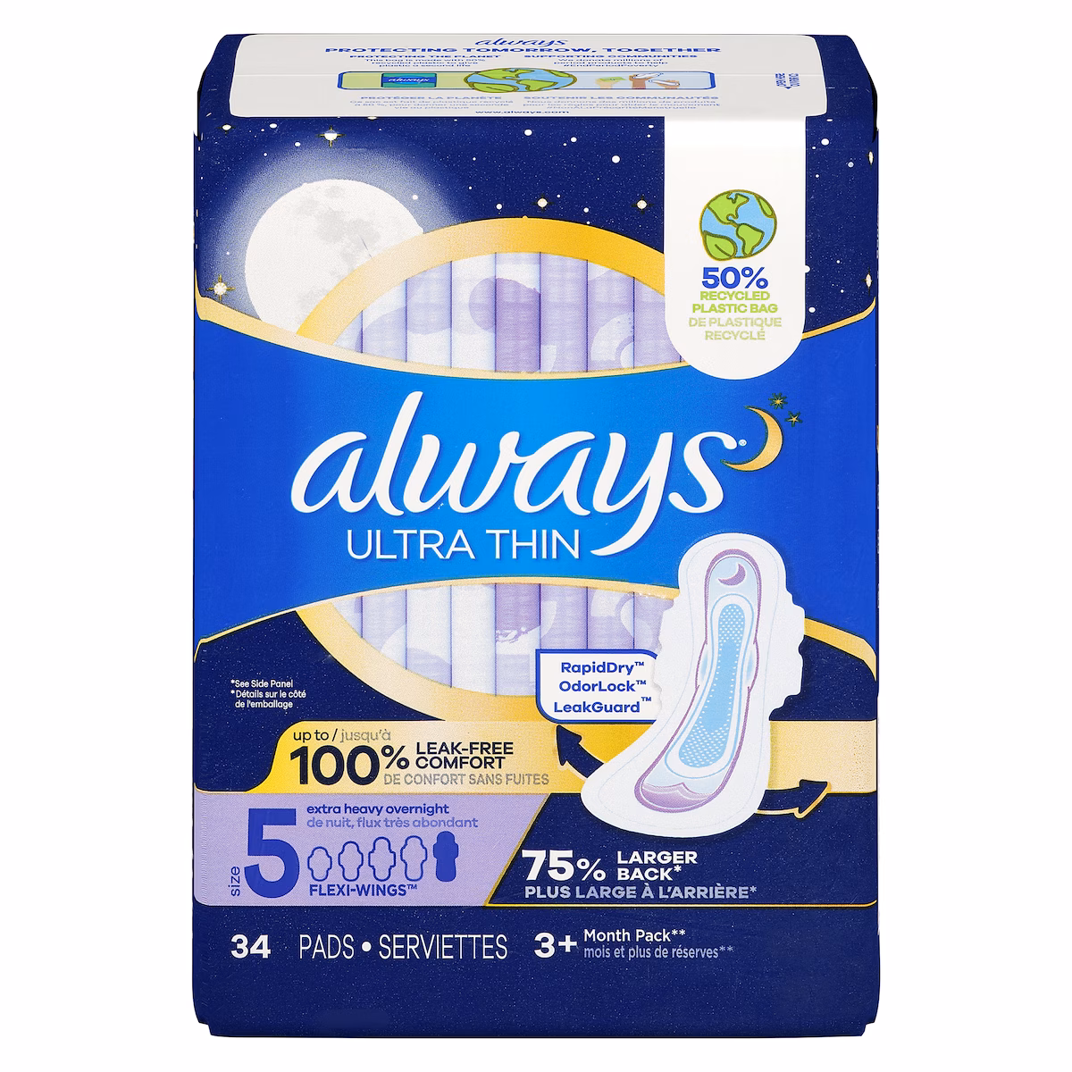 Serviettes Ultra Thin, de nuit, flux très abondant, avec ailes Flexi-Wings, taille 5, non parfumées, 34 serviettes