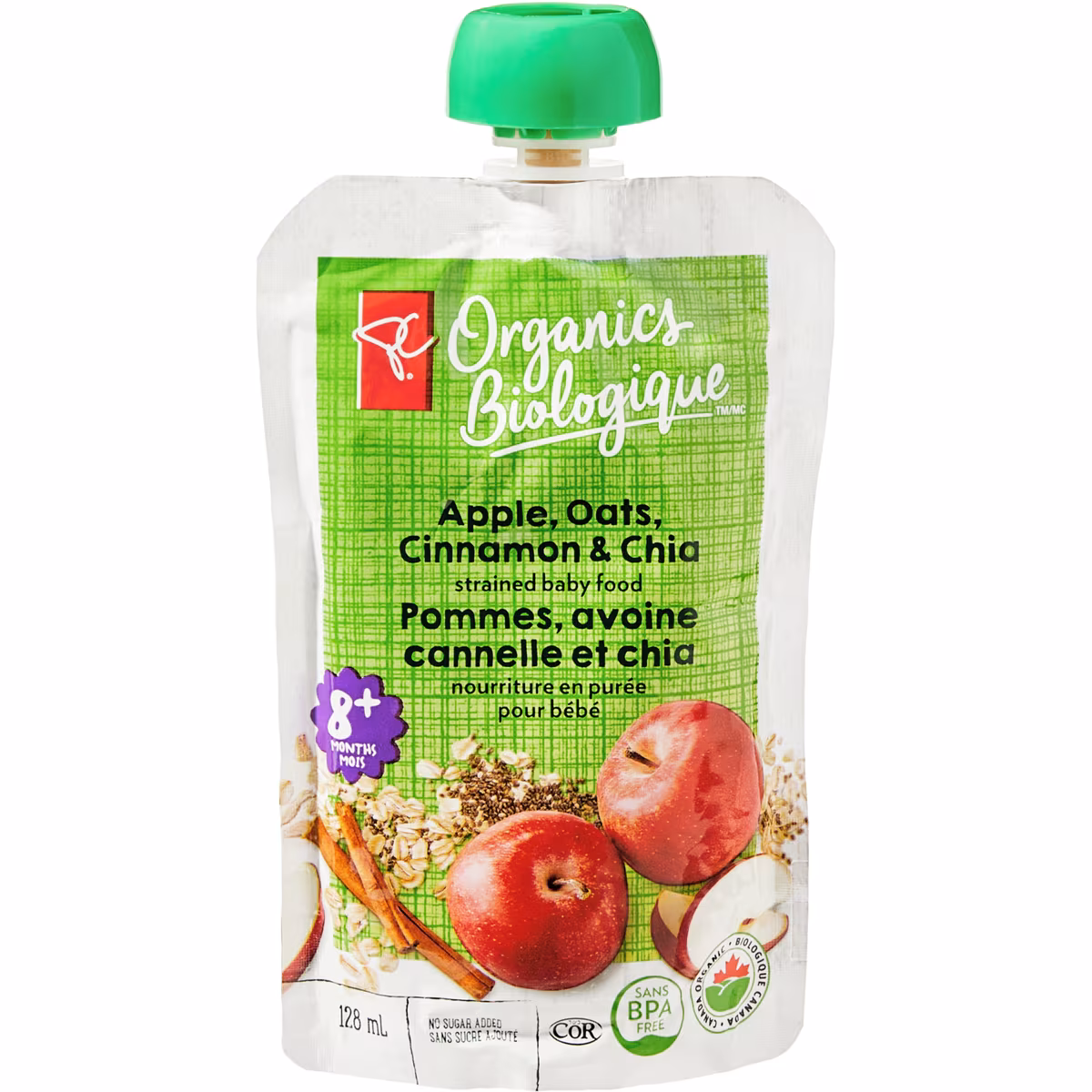 Nourriture en purée Biologique pour bébé  pommes, avoine, cannelle et chia