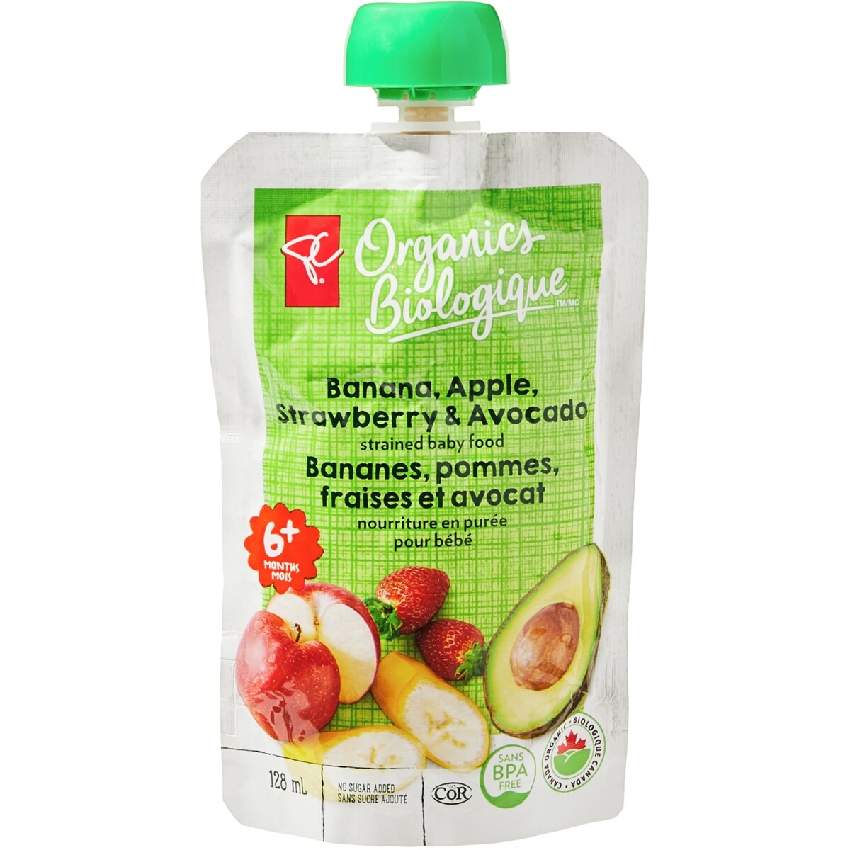 Nourriture en purée Biologique pour bébé  bananes, pommes, fraises et avocat