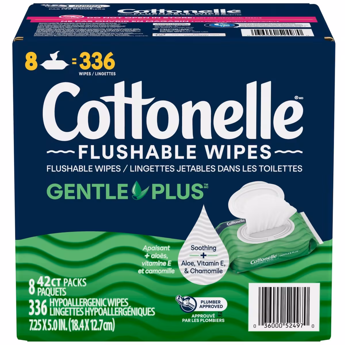 Lingettes humides jetables dans les toilettes GentlePlus avec aloès et vitamineE, lingettes humides pour adultes, 8paquets à couvercle rabattable, 42lingettes par paquet (336lingettes jetables dans les toilettes au total).