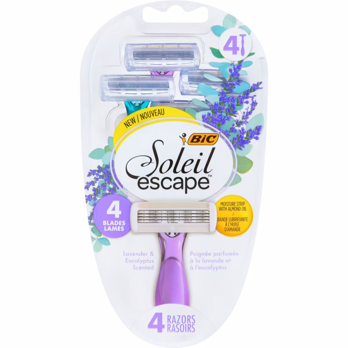 Soleil escape rasoirs 4 lames poignée parfumée à la lavande et à l'eucalyptus